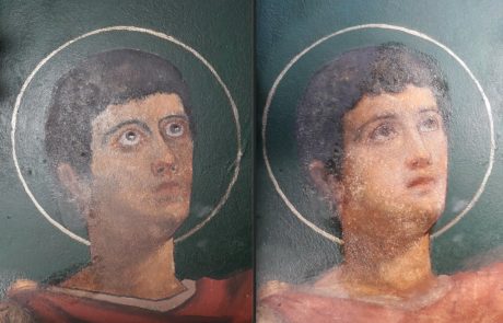 Detail of a Saint Sebastian, before and after overpaint removal