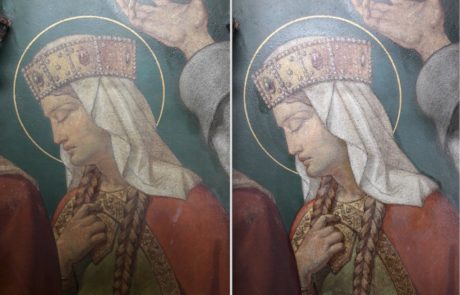 Detail of a saint, before and after cleaning