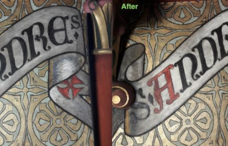Detail of a cartouche, before and after cleaning
