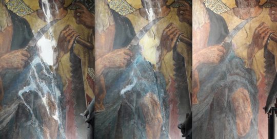 Detail of a saint's vest, before, during and after the retouching
